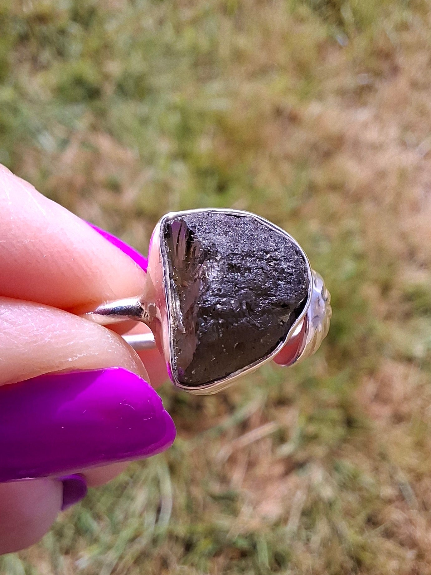 Moldavite ADJUSTABLE Ring, size large N, 925 Silver, Tektite (Ref: AR 39)