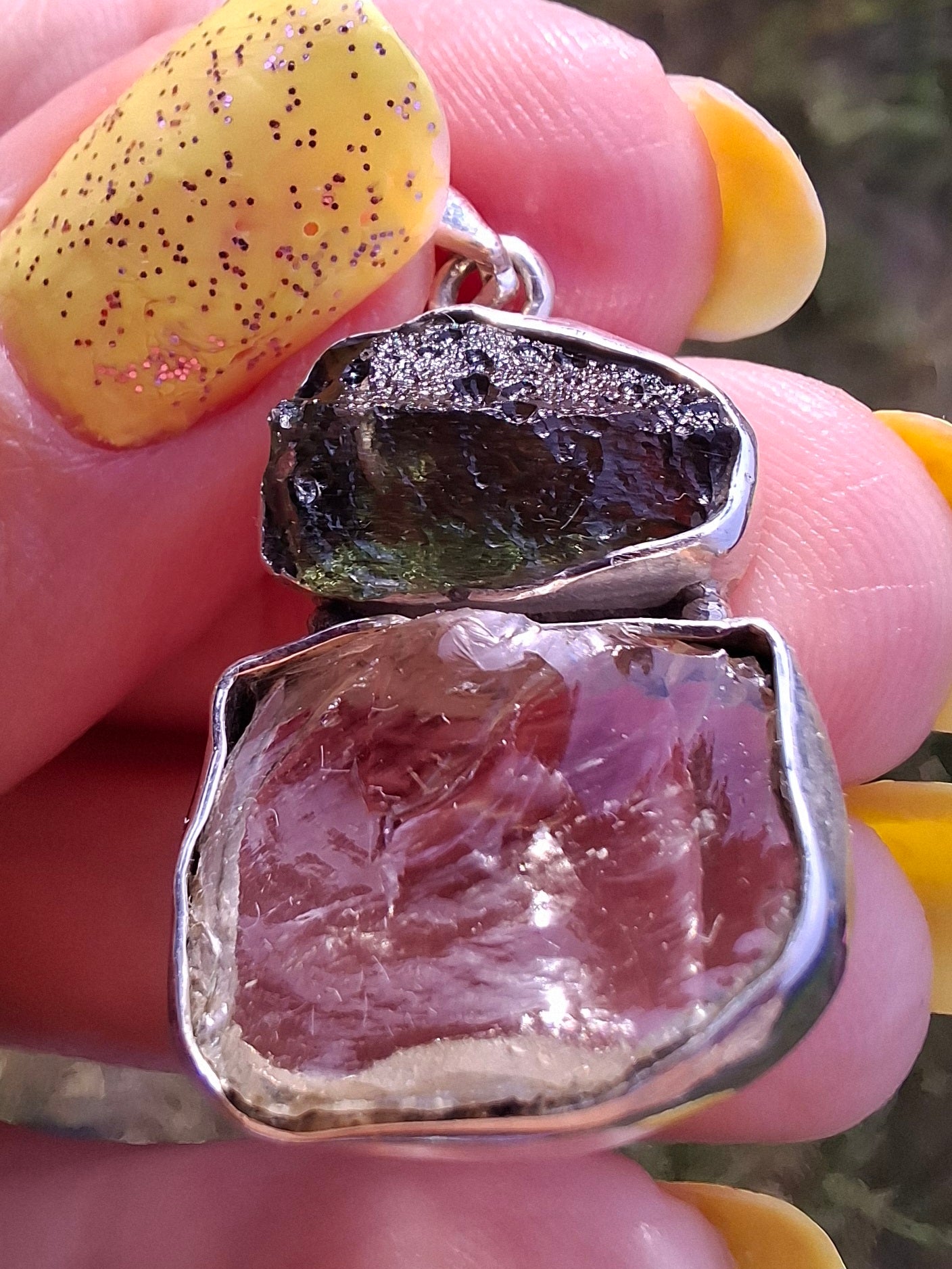 Moldavite & Libyan Desert Glass Pendant, 925 Silver, Tektite (Ref: MLP14)
