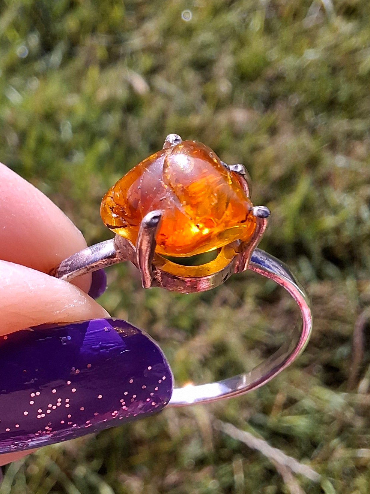 Baltic Amber Ring, size large Y, 925 Silver, Fossil (Ref: AR40)