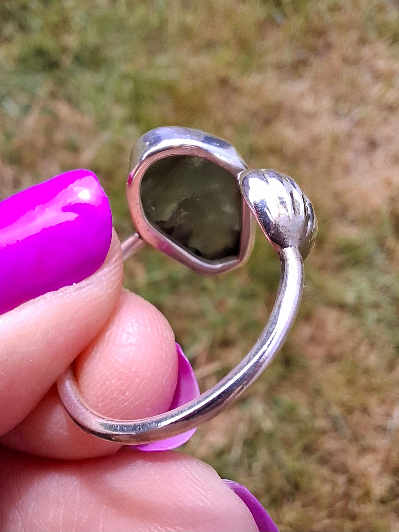 Moldavite ADJUSTABLE Ring, size large R, 925 Silver, Tektite (Ref: AR49)