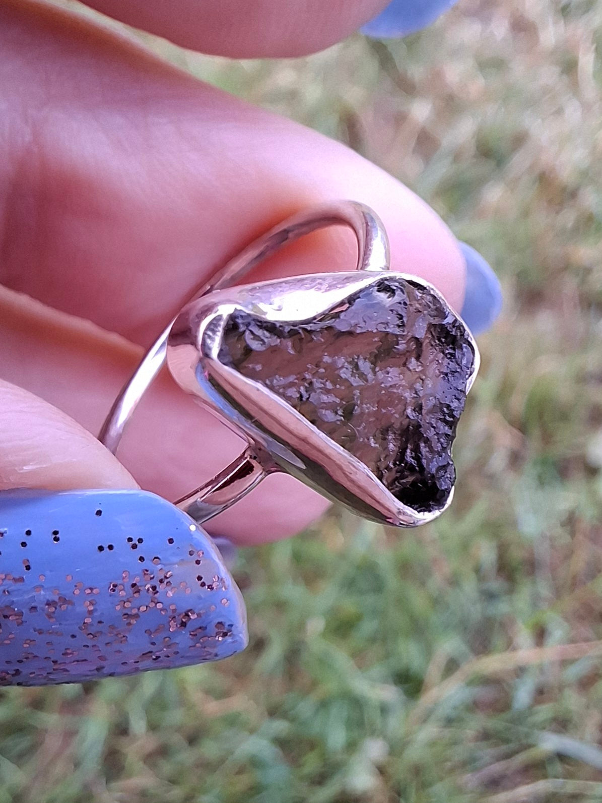 Moldavite Ring, size large M, 925 Silver, Tektite (Ref: R23)
