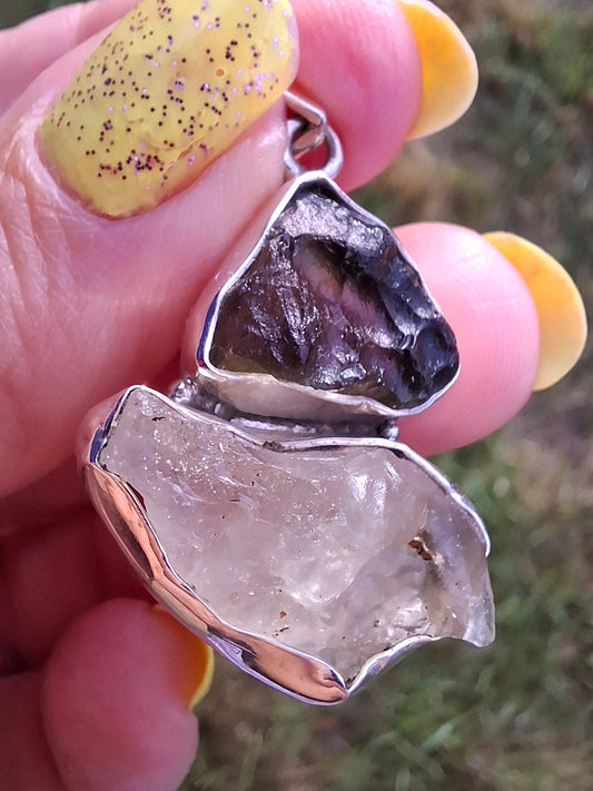 Moldavite & Libyan Desert Glass Pendant, 925 Silver, Tektite (Ref: MLP18)