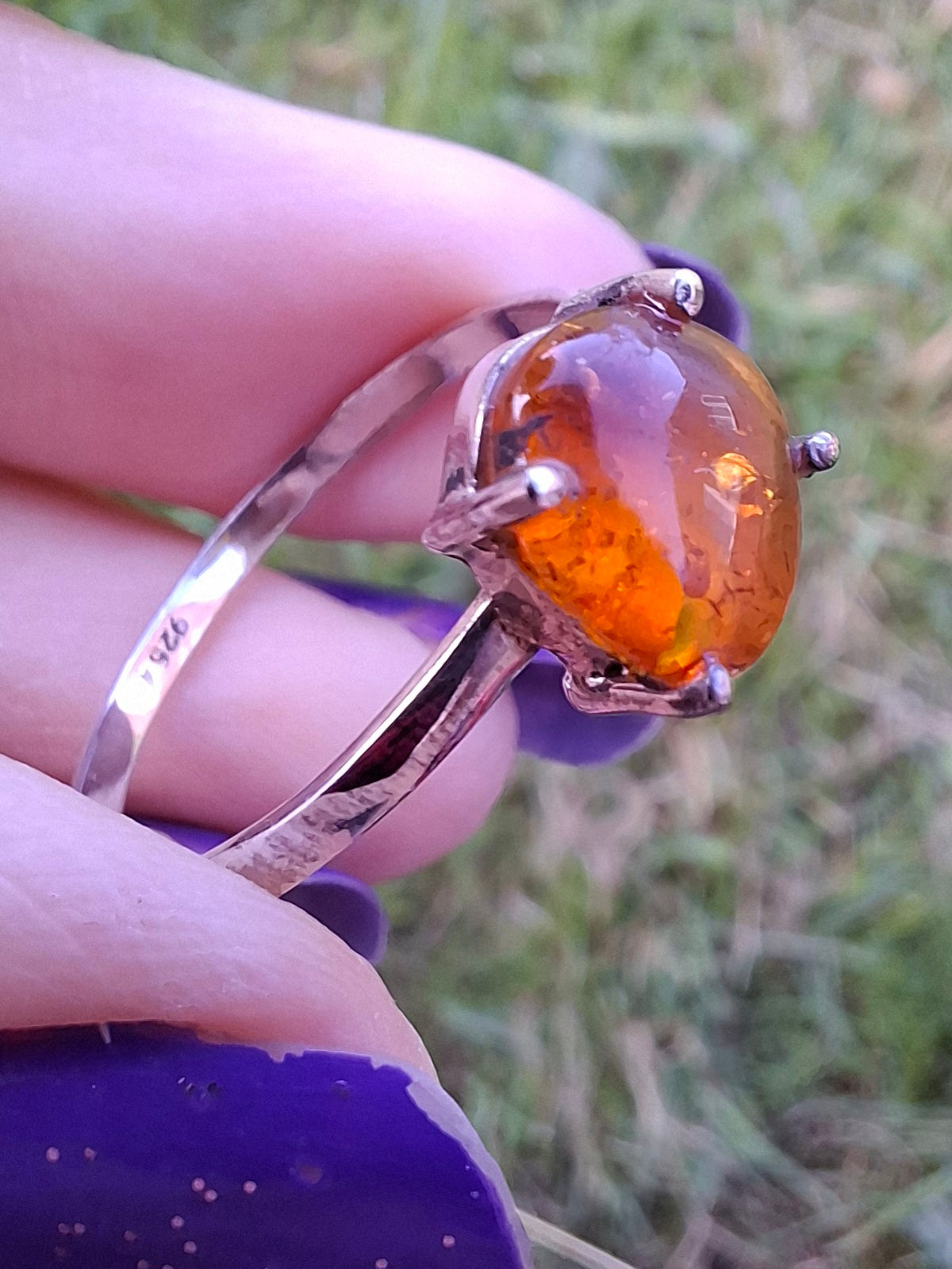 Baltic Amber Ring, size large W, 925 Silver, Fossil (Ref: AR27)