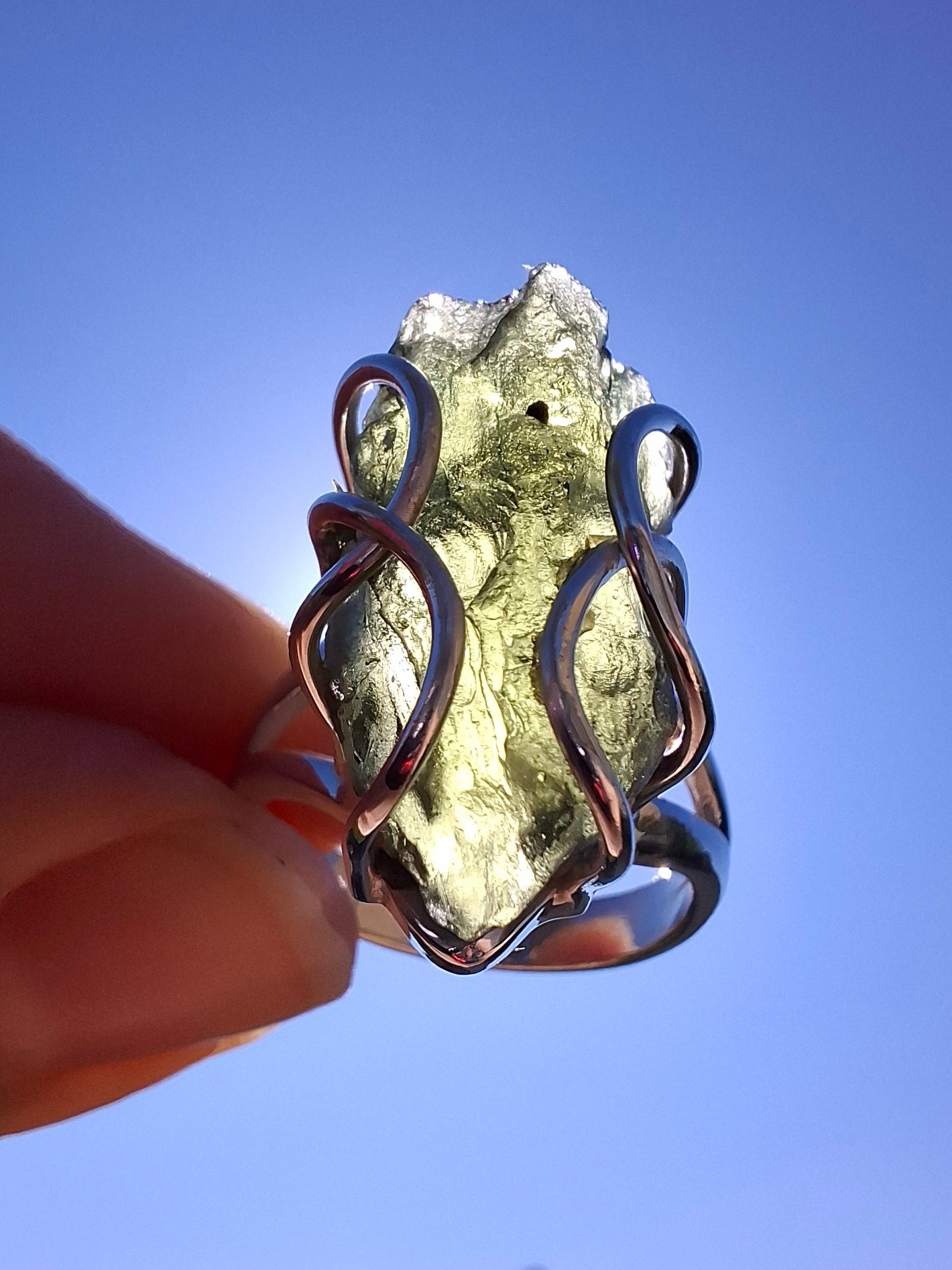 Moldavite Ring, size O, 925 Silver, Tektite (Ref: R8)