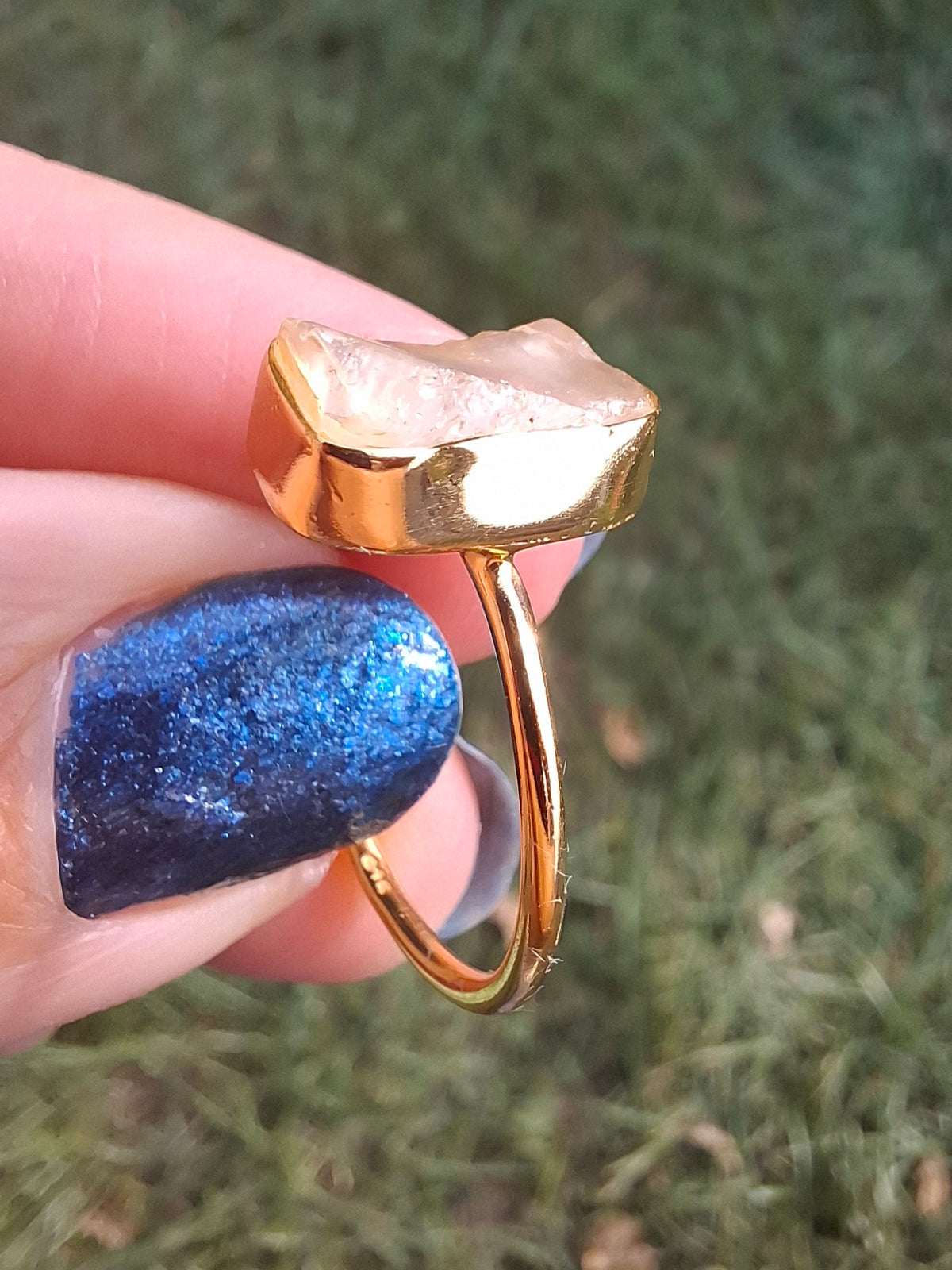 Libyan Desert Glass Ring, 14K GOLD Plated, size O, Tektite (Ref: LR65)