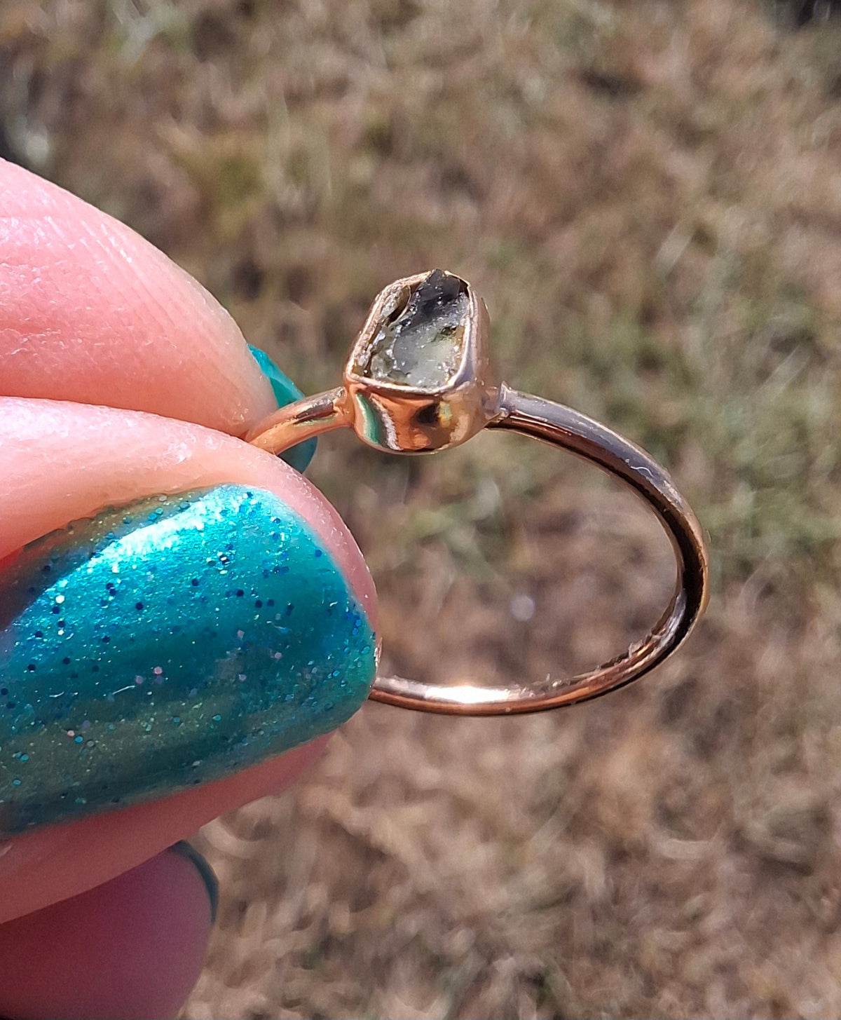 Moldavite Ring, 14K GOLD Plated, size large M, Tektite (Ref: R337)