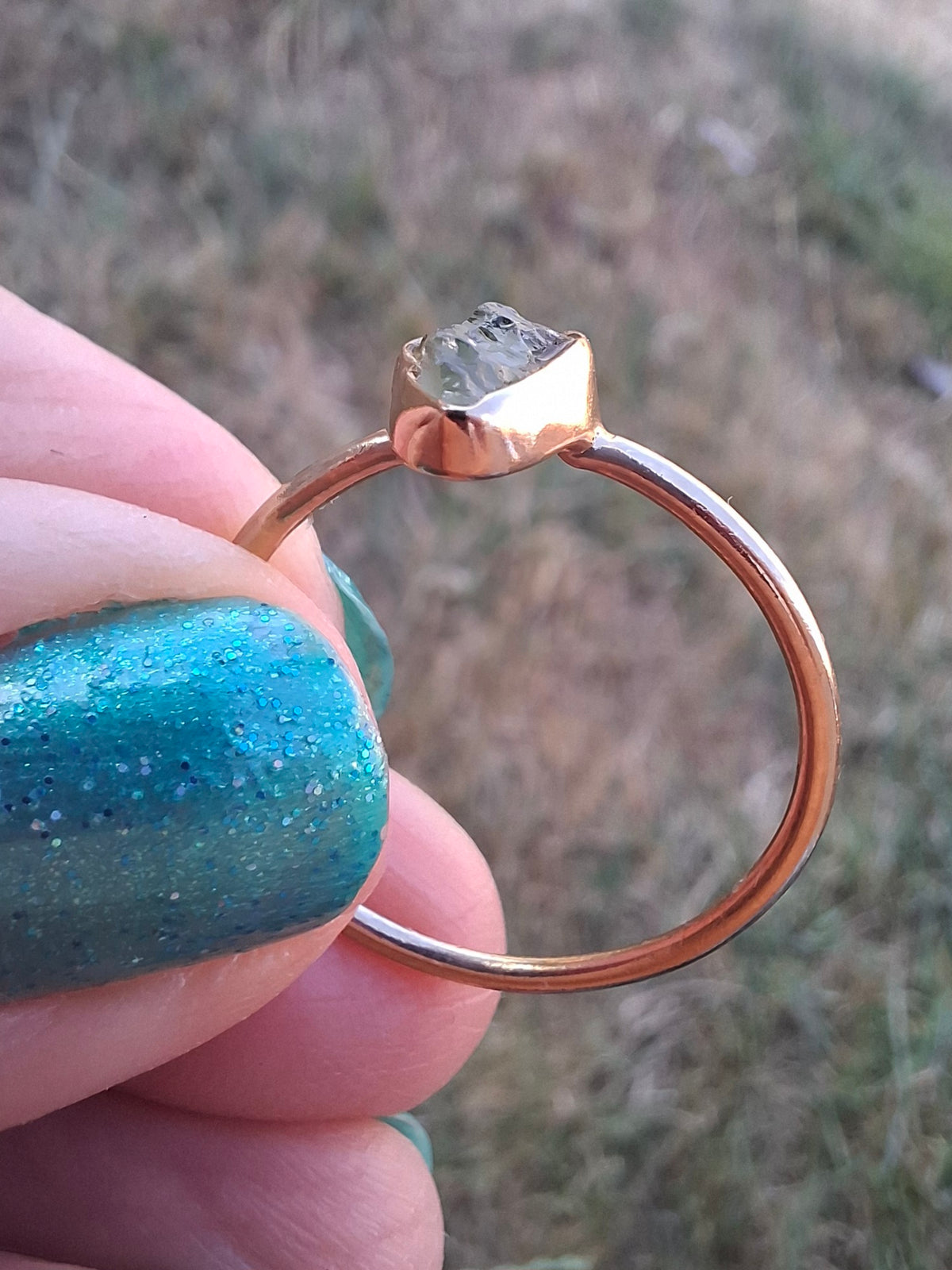 Moldavite Ring, 14K GOLD Plated, size large T, Tektite (Ref: R347)