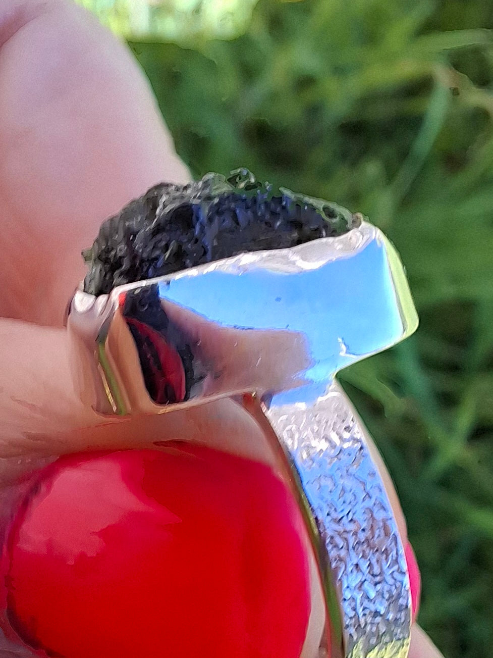 Moldavite Ring, size large G/small H, 925 Silver, Tektite (Ref: R293)