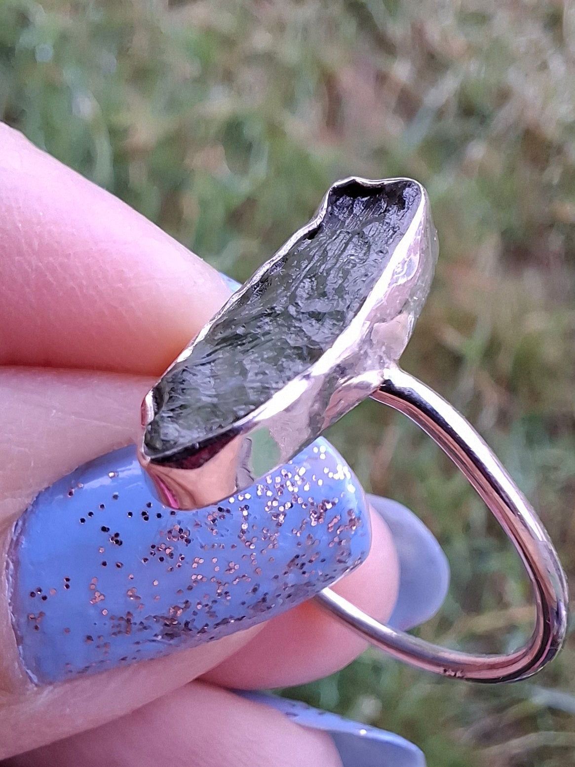 Moldavite Ring, size large R, 925 Silver, Tektite (Ref: R27)