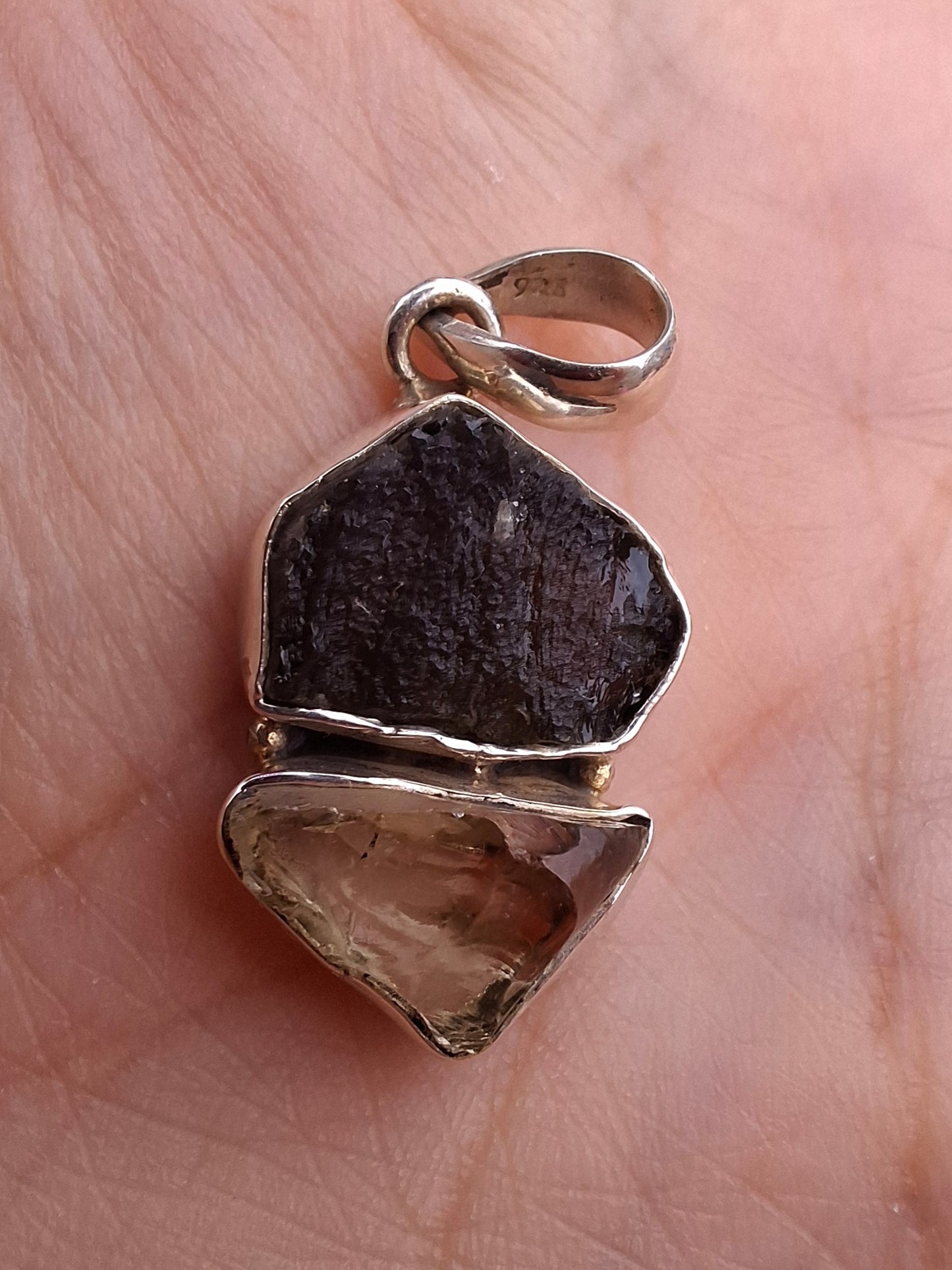Moldavite & Libyan Desert Glass Pendant, 925 Silver, Tektite (Ref: MLP3)