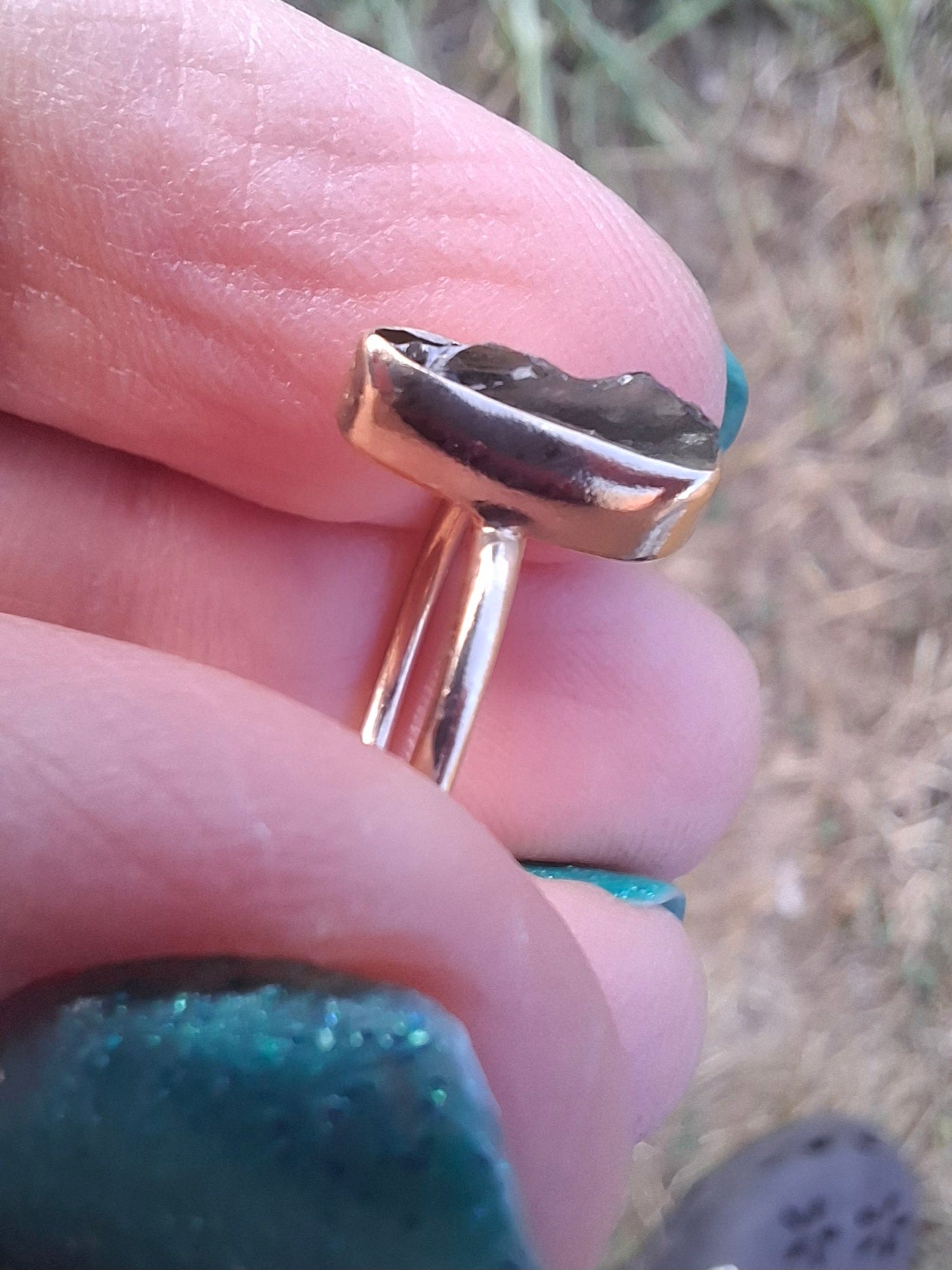 Moldavite Ring, 14K GOLD Plated, size large K / small L, Tektite (Ref: R335)