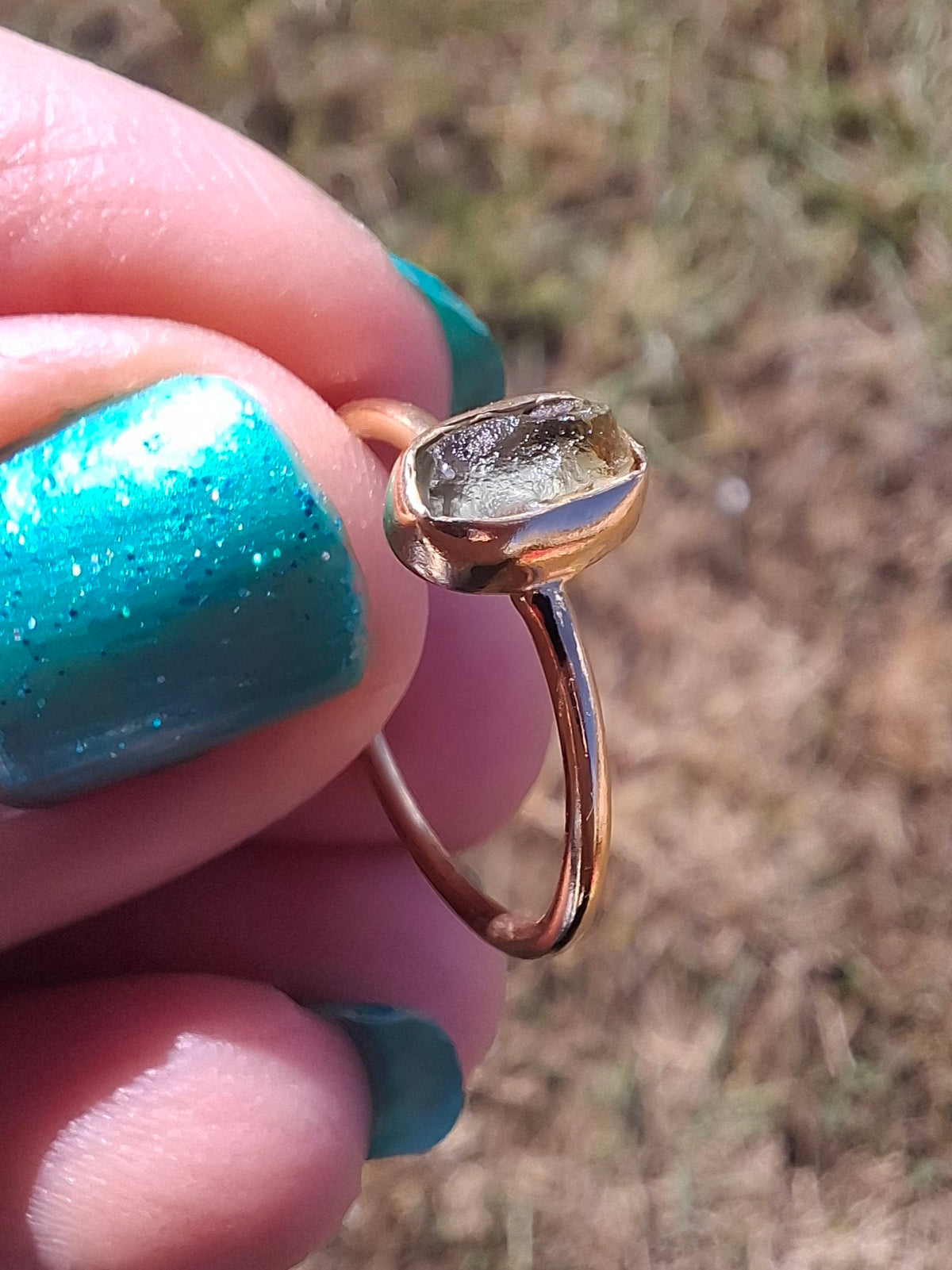 Moldavite Ring, 14K GOLD Plated, size small L, Tektite (Ref: R342)