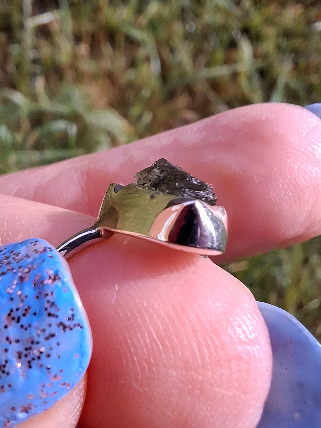 Moldavite Ring, size large G/small H, 925 Silver, Tektite (Ref: R19)