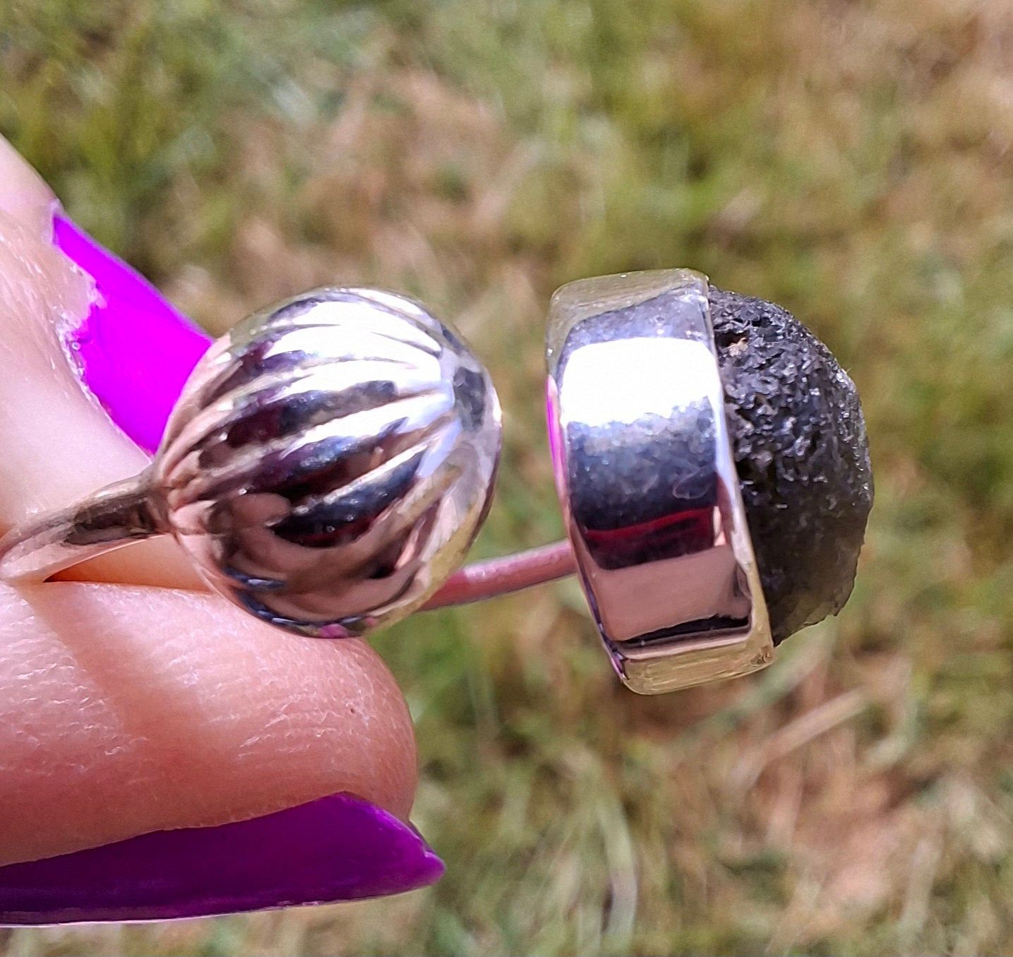 Moldavite ADJUSTABLE Ring, size large N, 925 Silver, Tektite (Ref: AR 39)