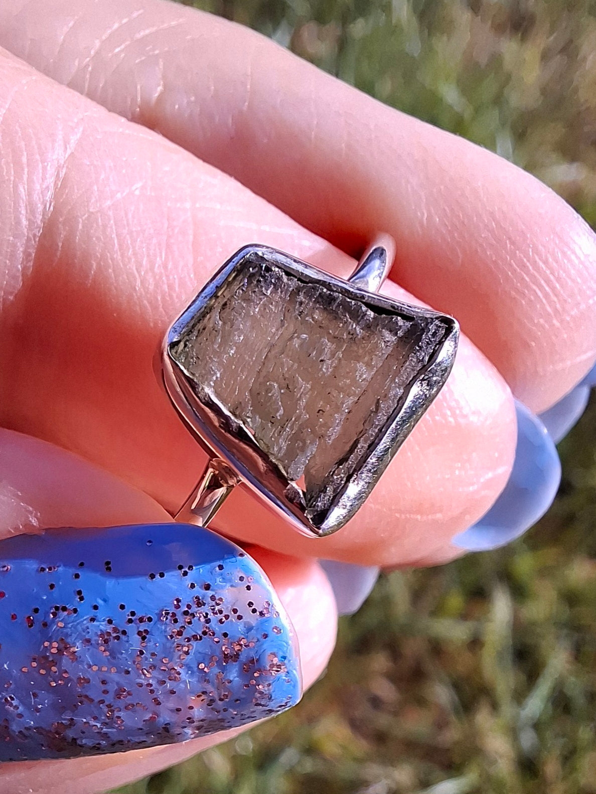 Moldavite Ring, size large P/small Q, 925 Silver, Tektite (Ref: R26)