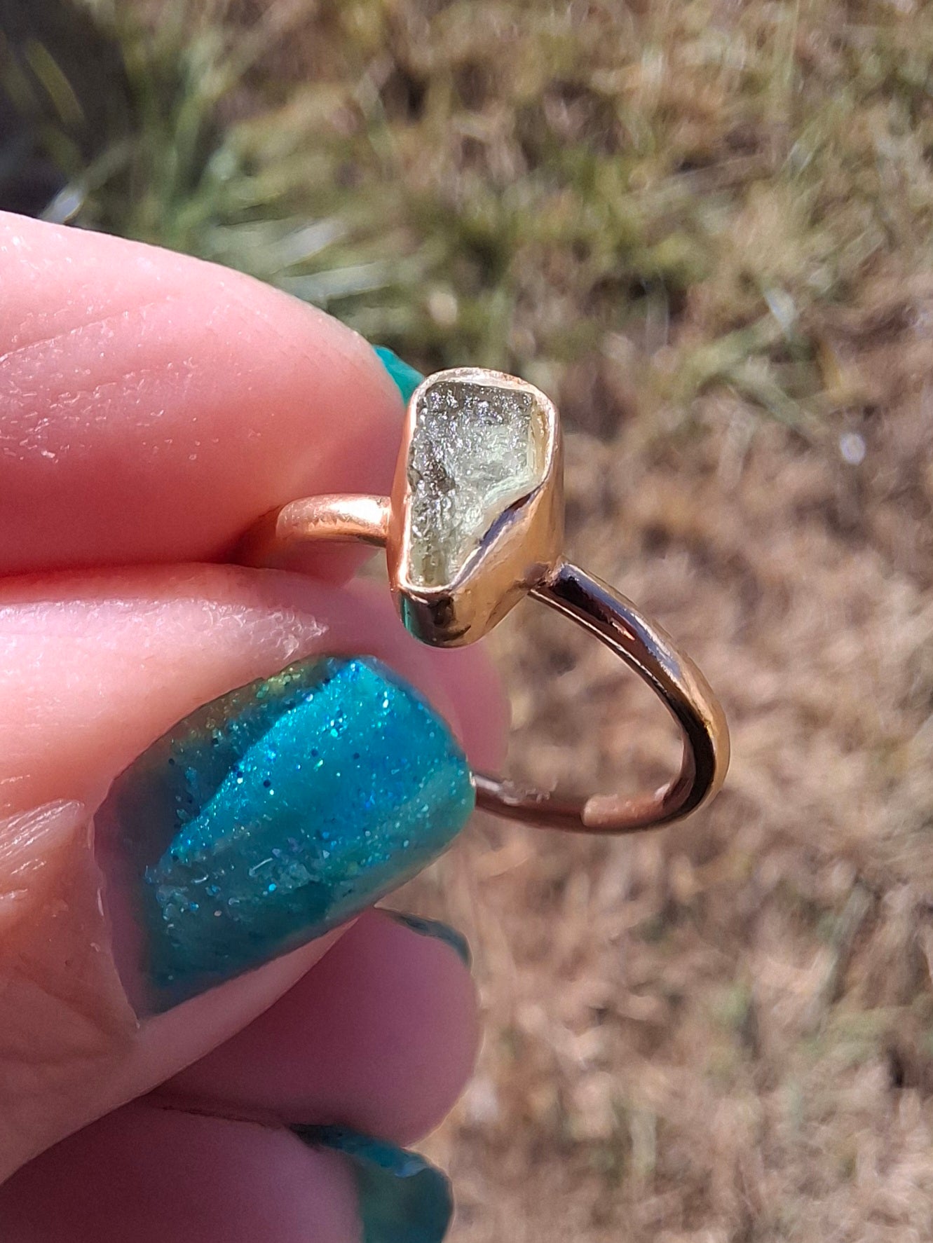Moldavite Ring, 14K GOLD Plated, size large J, Tektite (Ref: R338)