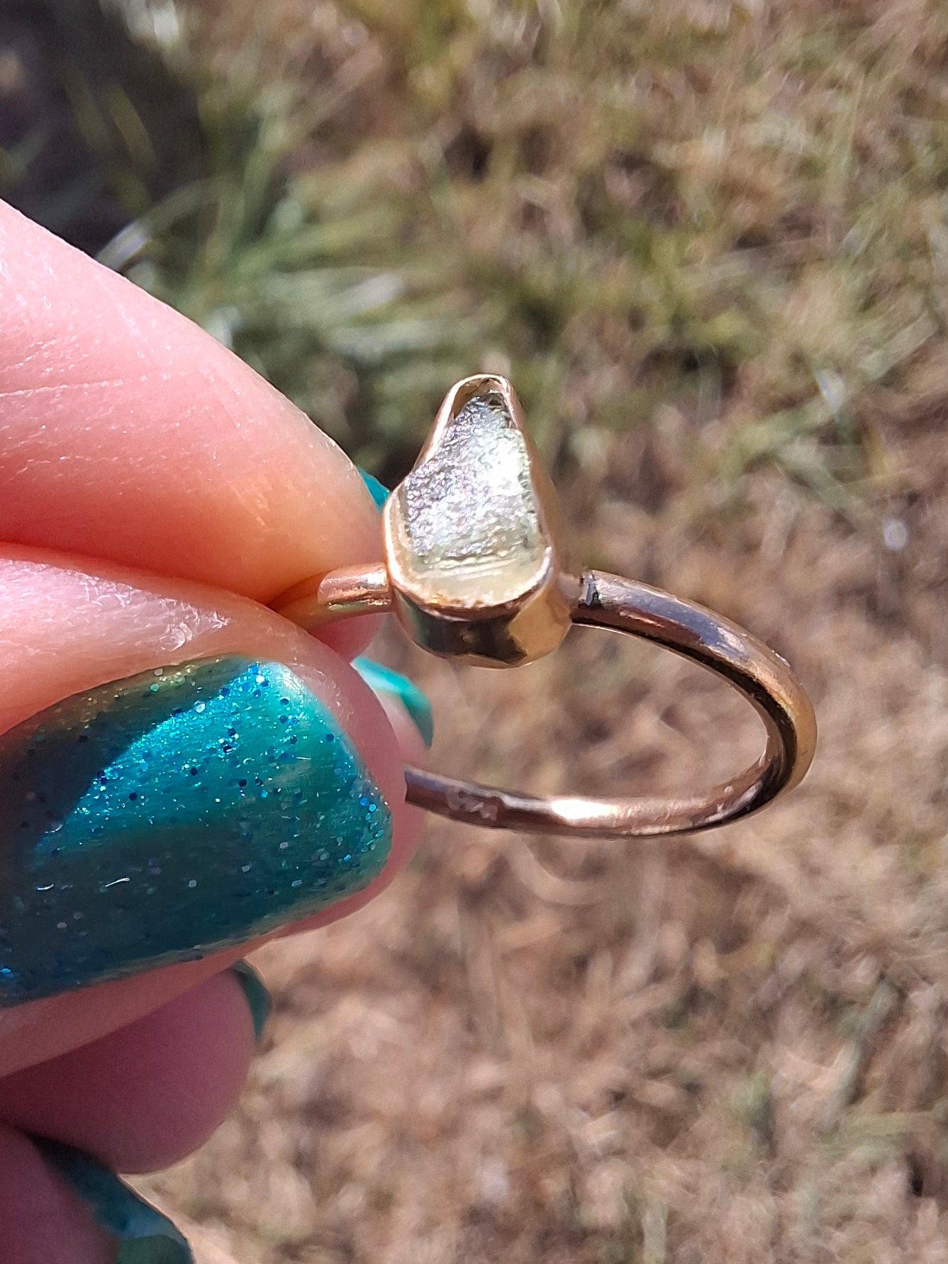 Moldavite Ring, 14K GOLD Plated, size large J, Tektite (Ref: R338)