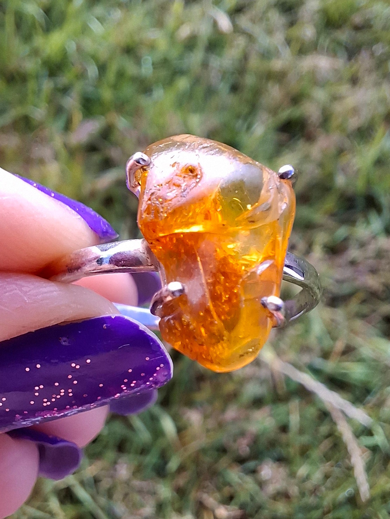 Baltic Amber Ring, size large X, 925 Silver, Fossil (Ref: AR36)