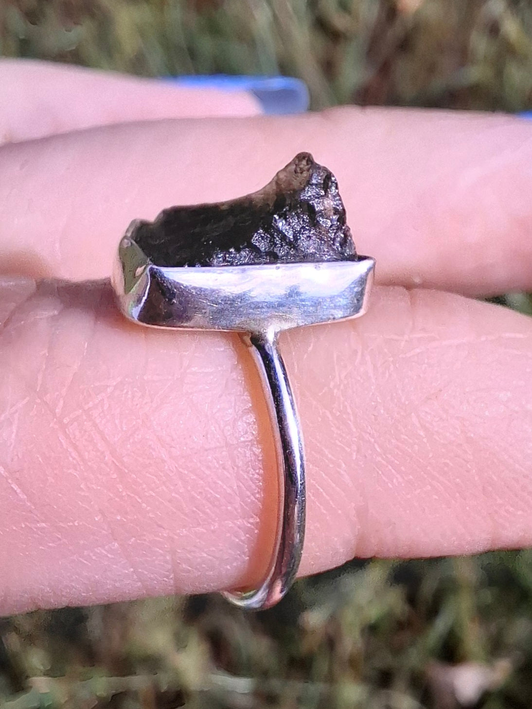 Moldavite Ring, size large J, 925 Silver, Tektite (Ref: R20)