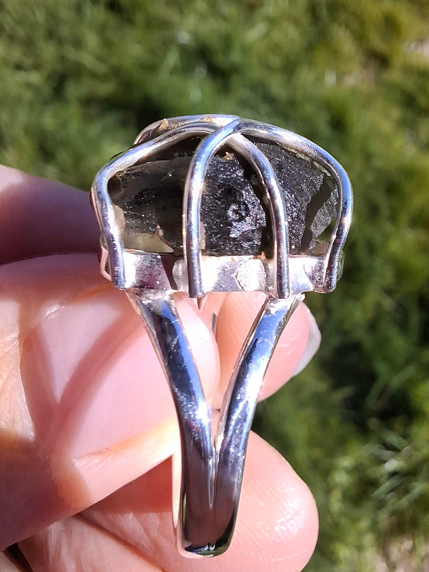 Moldavite Ring, size S, 925 Silver, Tektite (Ref: R12)