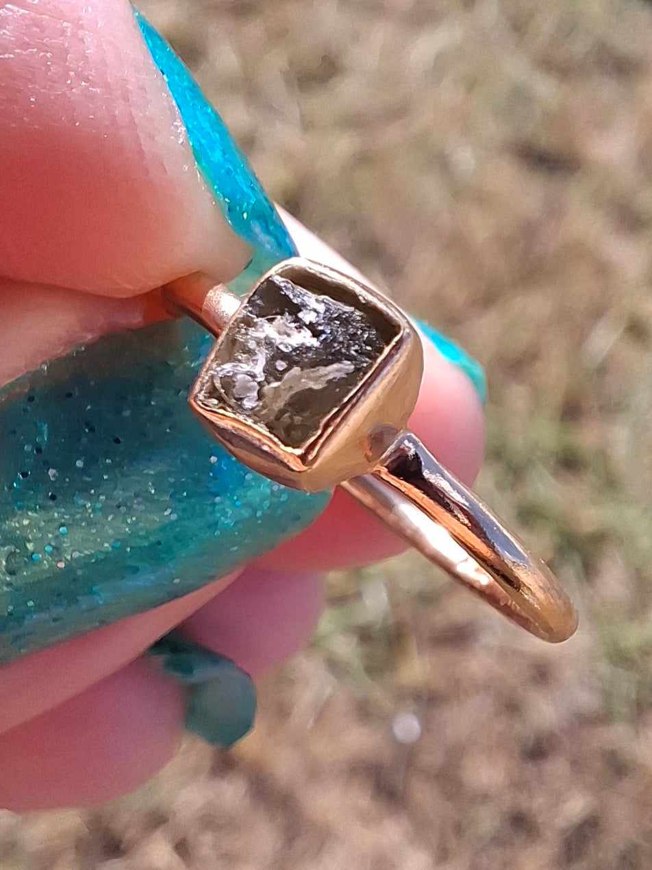 Moldavite Ring, 14K GOLD Plated, size small i, Tektite (Ref: R333)