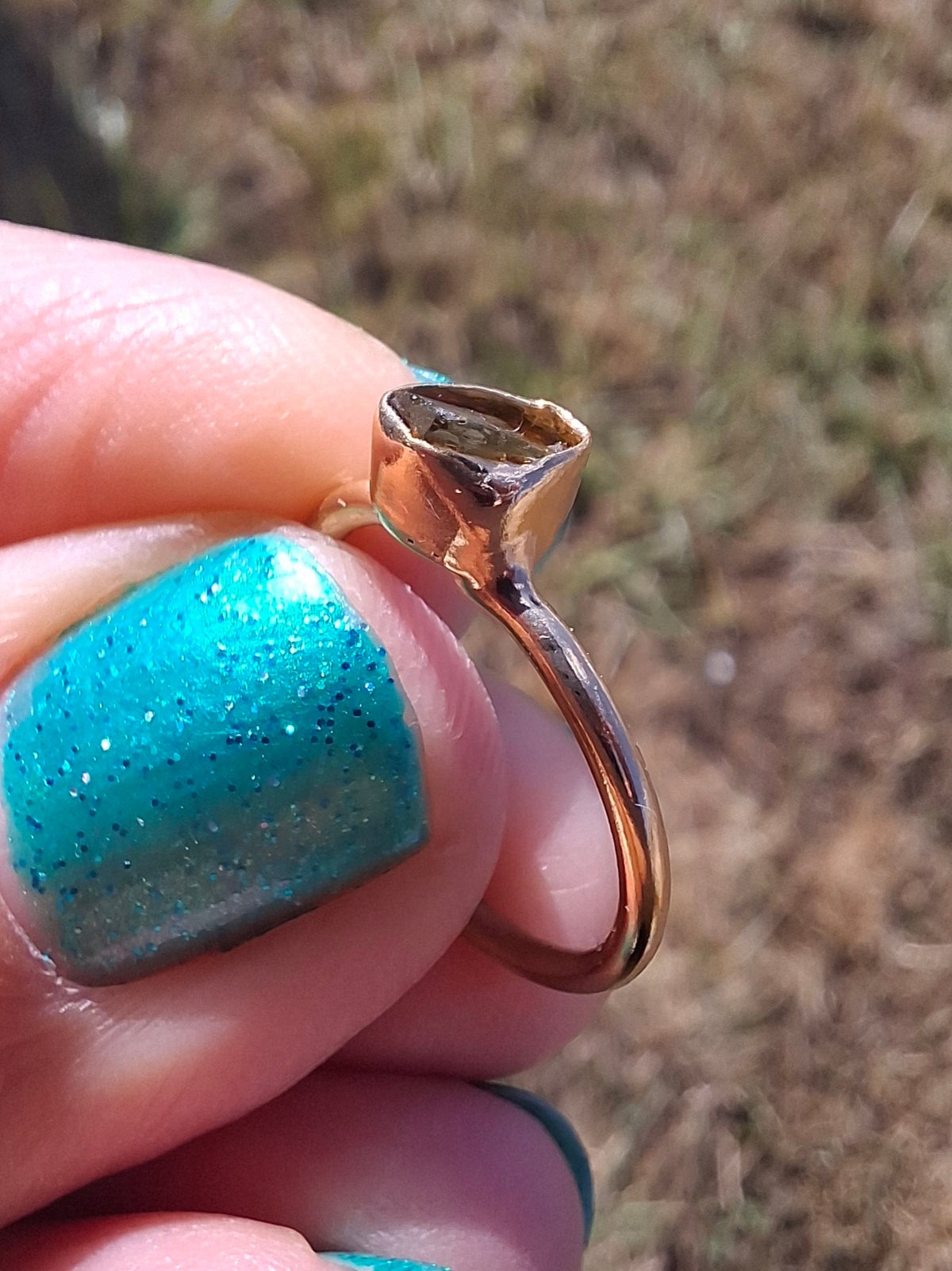 Moldavite Ring, 14K GOLD Plated, size large G / small H, Tektite (Ref: R334)