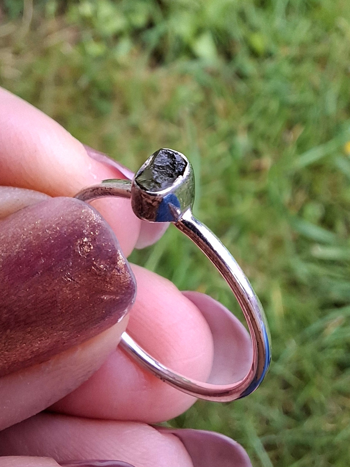 Moldavite Ring, size small P, 925 Silver, Tektite (Ref: R42)