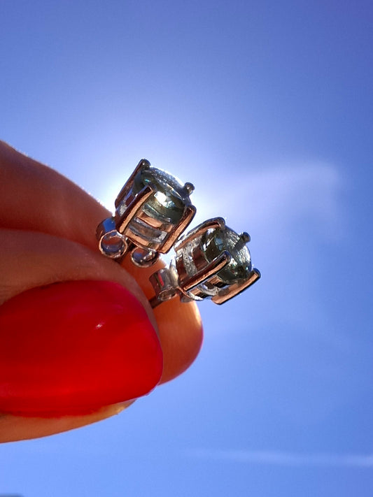 Moldavite (faceted) 5mm STUD EARRINGS, 925 Silver, Tektite (Ref: Pair48)