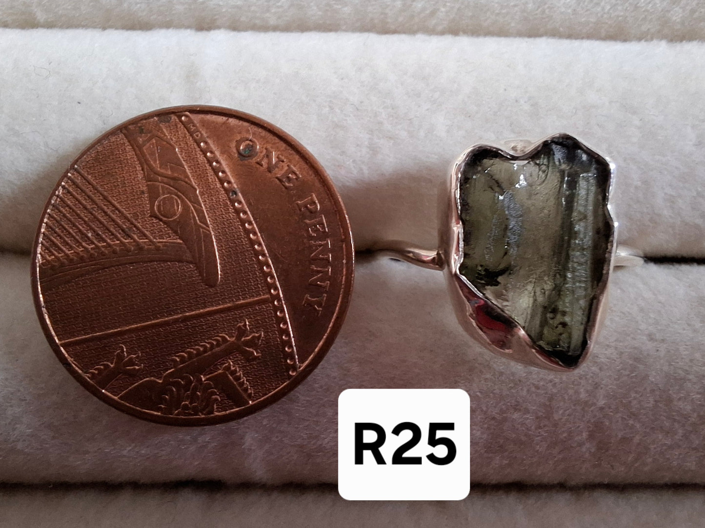 Moldavite Ring, size large N, 925 Silver, Tektite (Ref: R25)