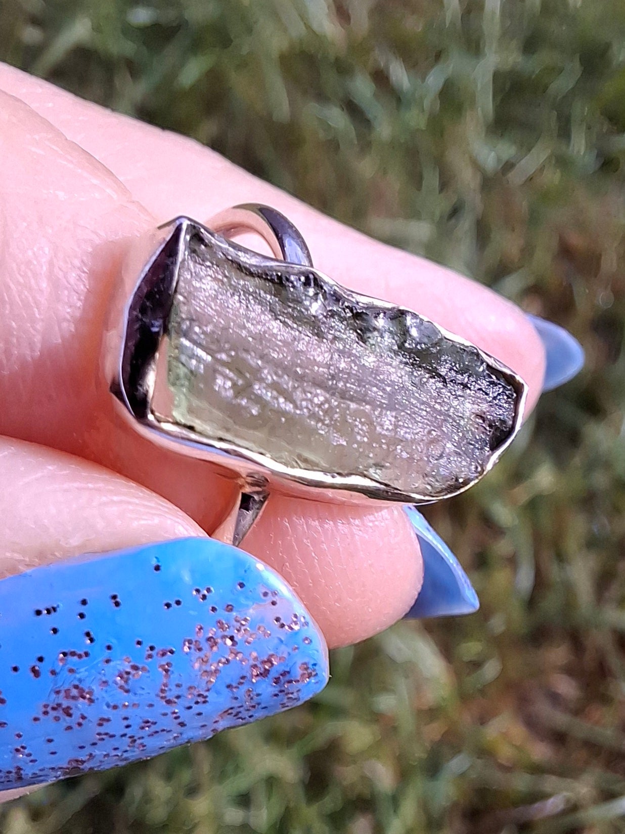 Moldavite Ring, size K, 925 Silver, Tektite (Ref: R21)