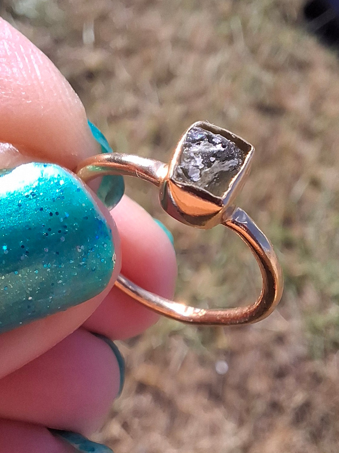 Moldavite Ring, 14K GOLD Plated, size small i, Tektite (Ref: R333)