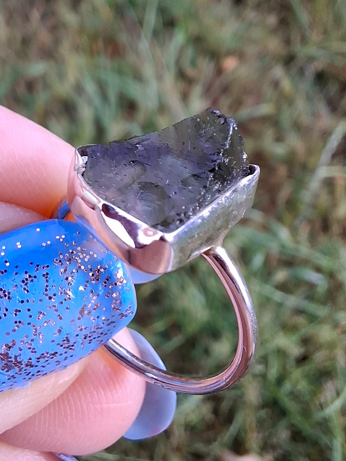 Moldavite Ring, size large J, 925 Silver, Tektite (Ref: R20)