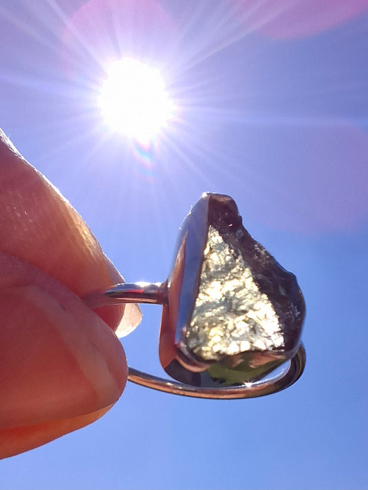 Moldavite Ring, size large M, 925 Silver, Tektite (Ref: R23)