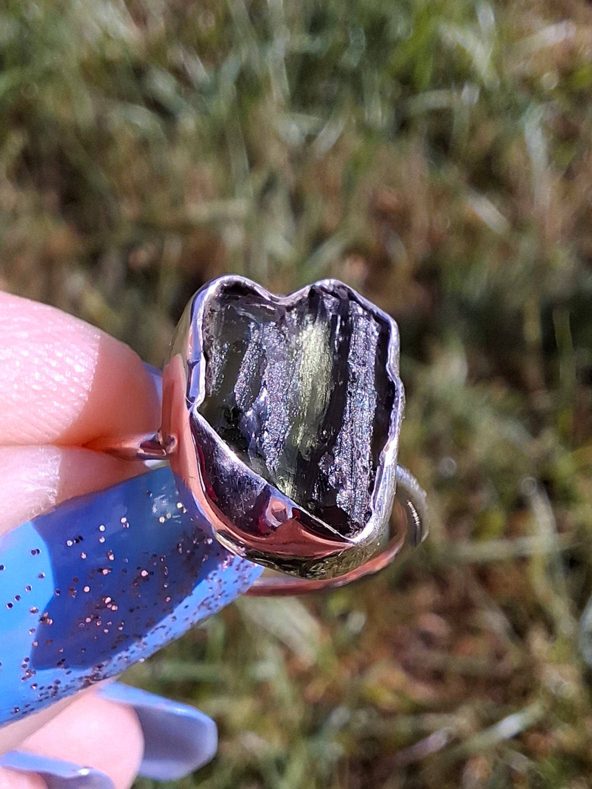 Moldavite Ring, size large N, 925 Silver, Tektite (Ref: R25)