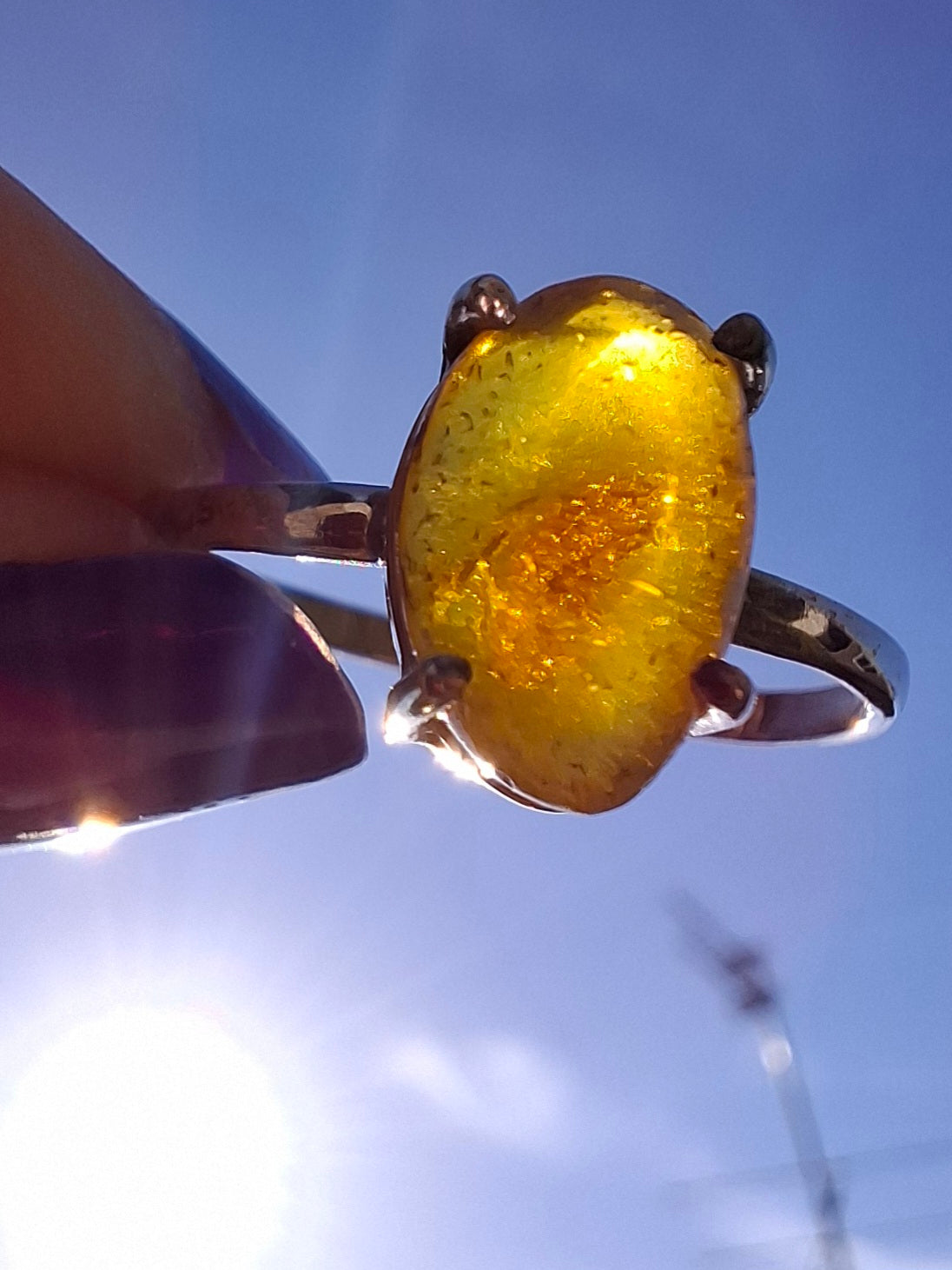 Baltic Amber Ring, size large Y, 925 Silver, Fossil (Ref: AR38)