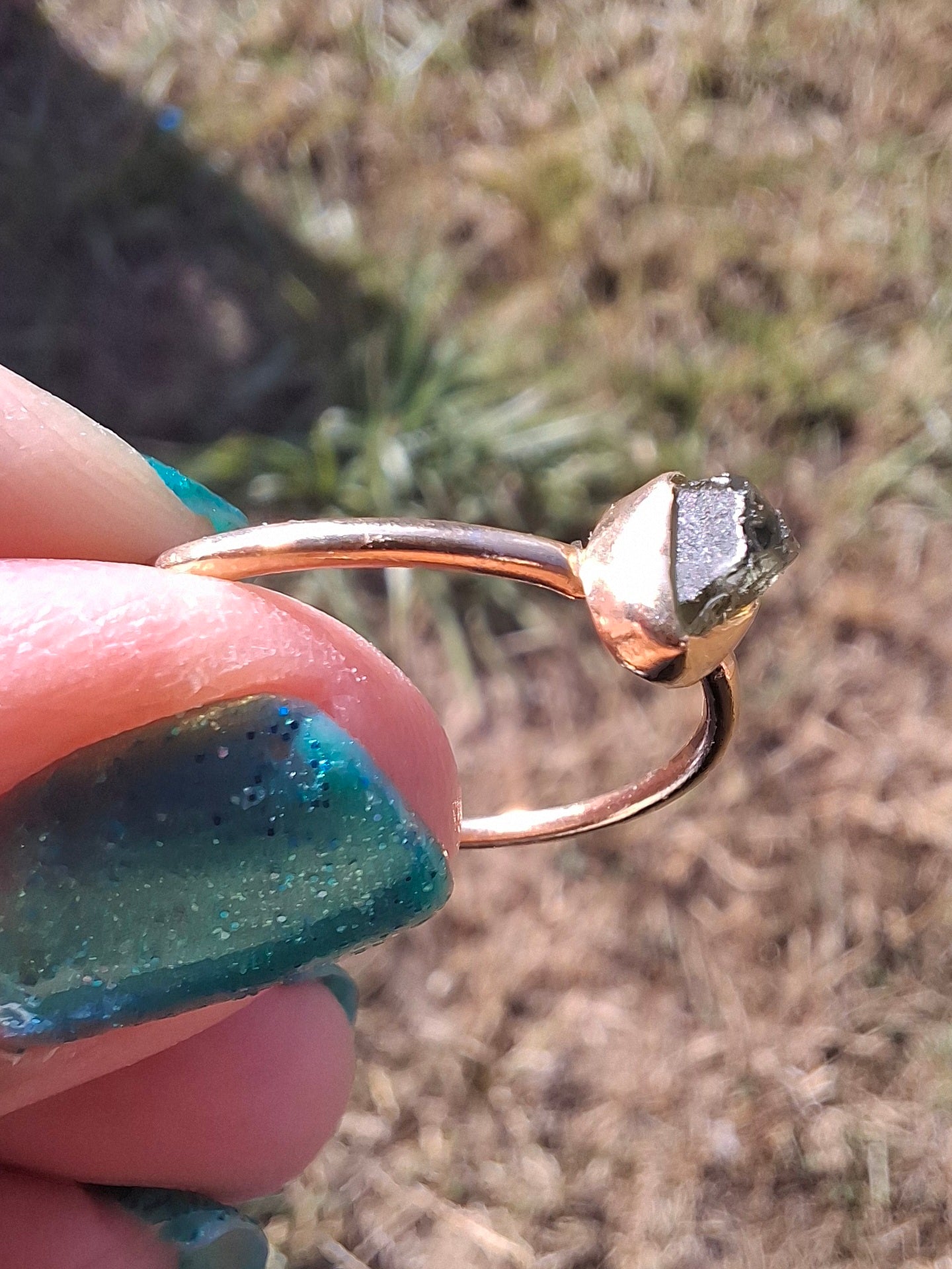 Moldavite Ring, 14K GOLD Plated, size large S / small T, Tektite (Ref: R352)