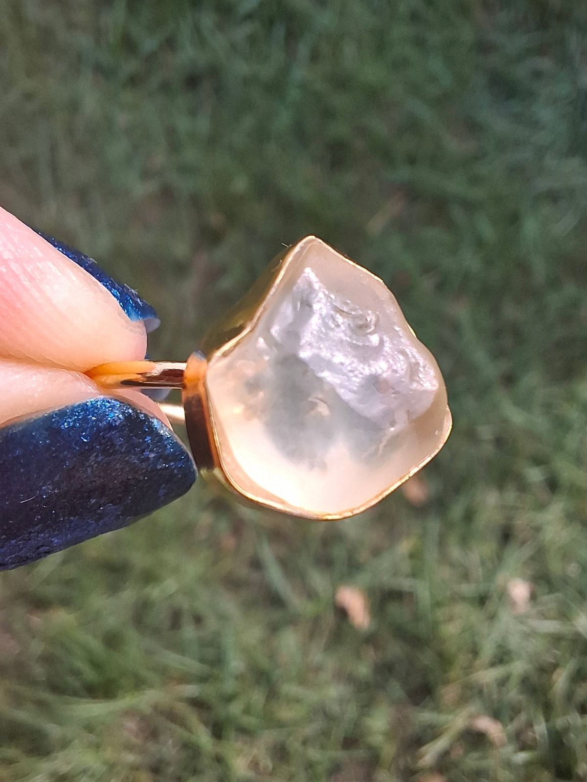 Libyan Desert Glass Ring, 14K GOLD Plated, size large P, Tektite (Ref: LR67)