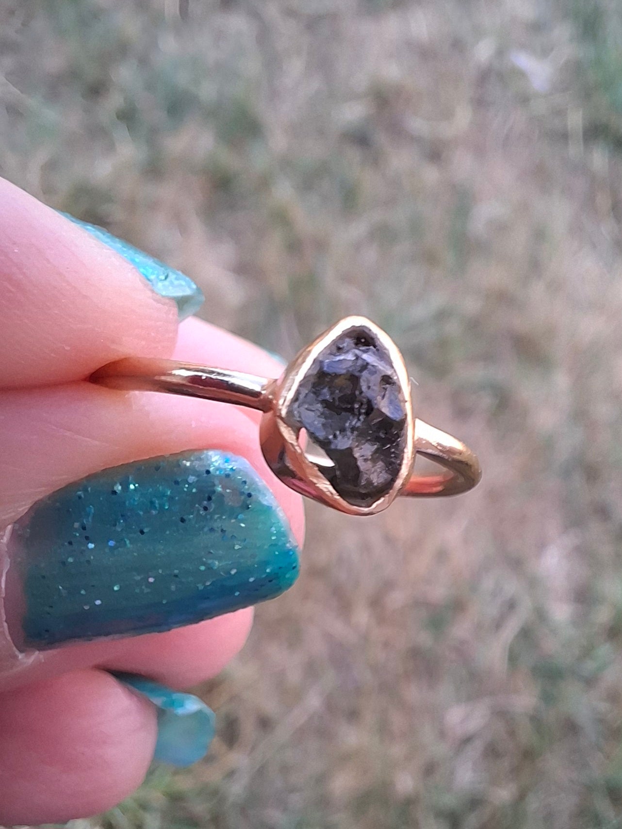 Moldavite Ring, 14K GOLD Plated, size large L, Tektite (Ref: R343)