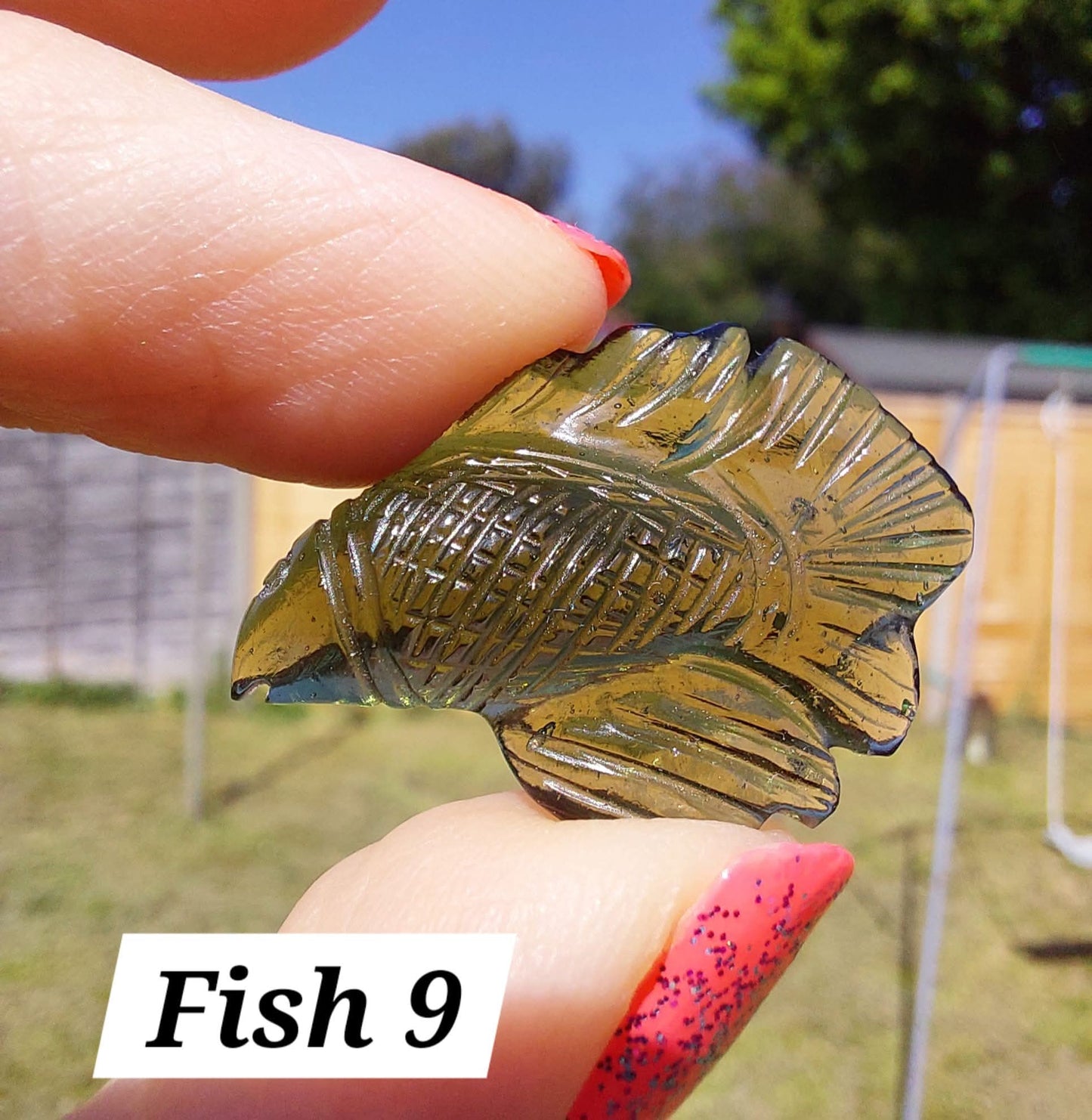 Moldavite FISH carving, (flat back), 3.29g, Tektite (Ref: Fish9)