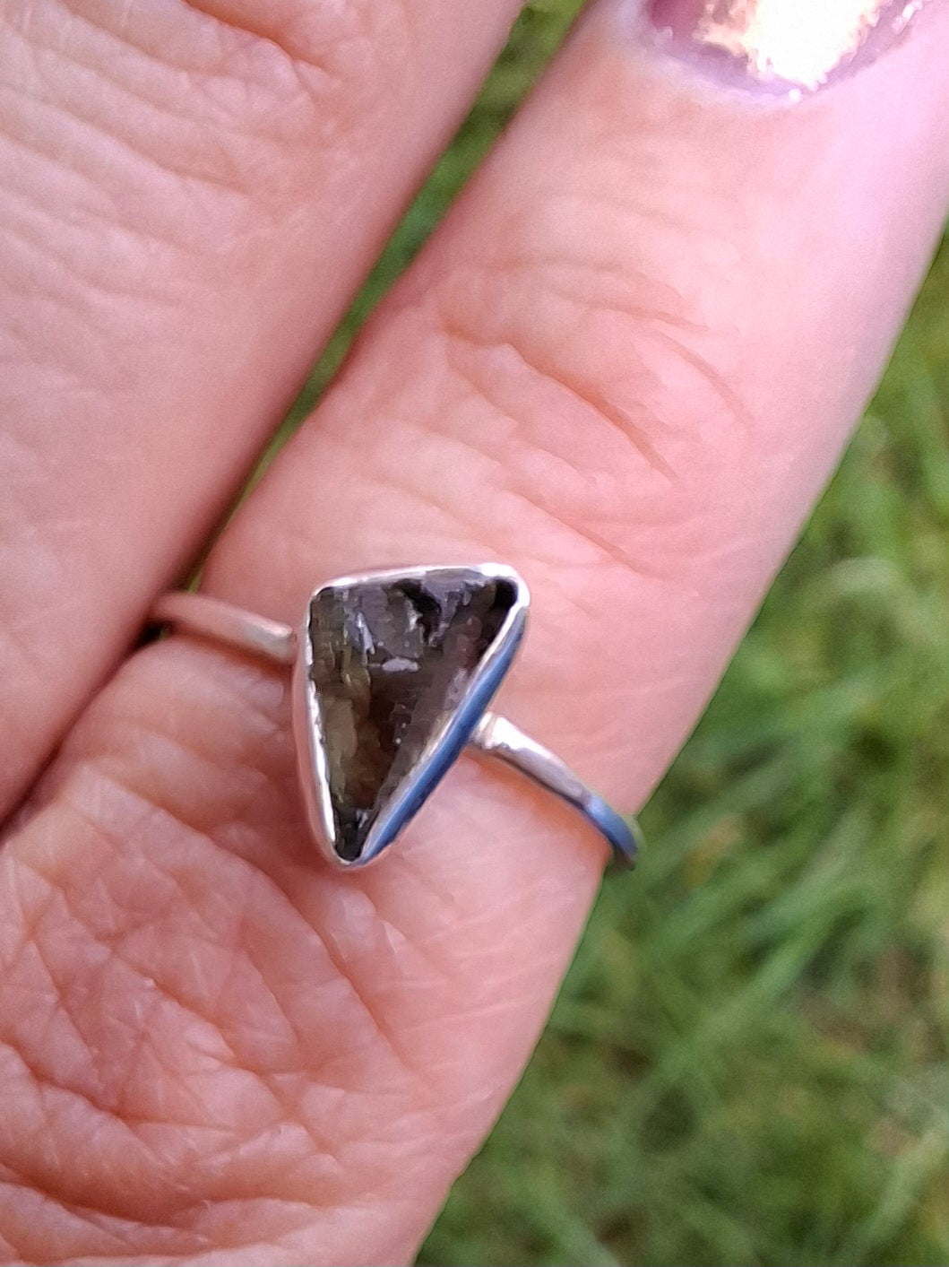 Moldavite Ring, size large K/small L, 925 Silver, Tektite (Ref: R57)