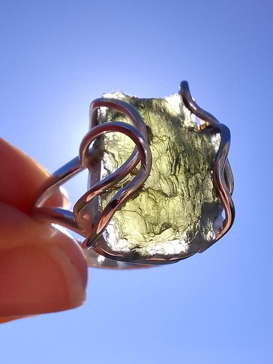 Moldavite Ring, size Q, 925 Silver, Tektite (Ref: R10)