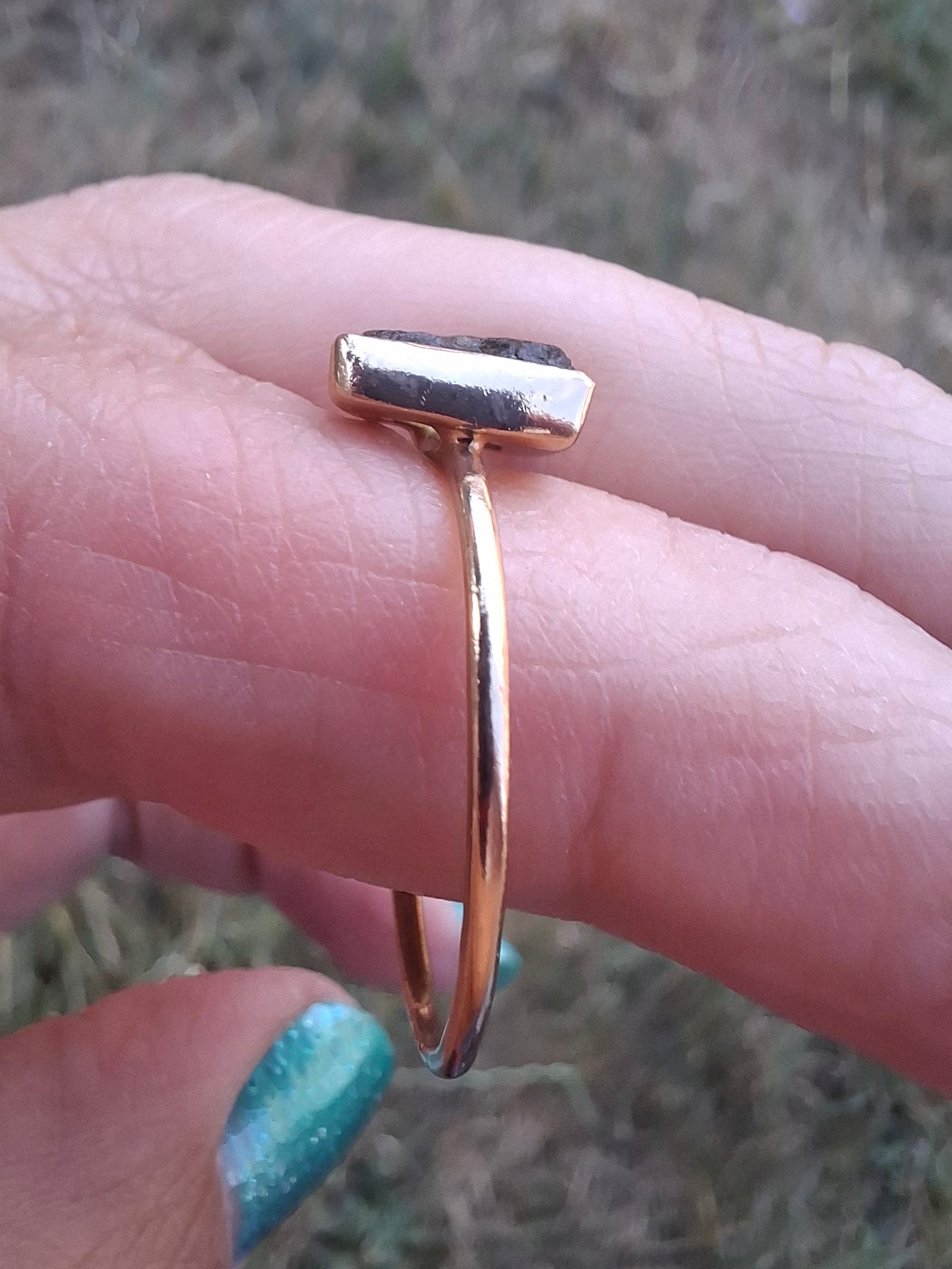 Moldavite Ring, 14K GOLD Plated, size large U, Tektite (Ref: R351)
