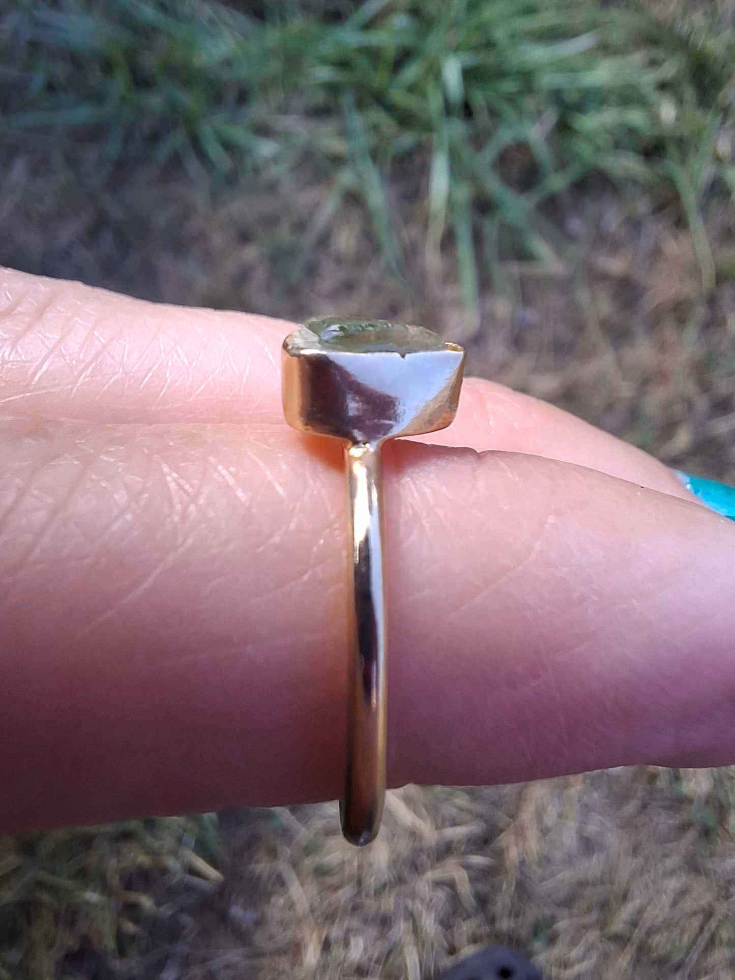 Moldavite Ring, 14K GOLD Plated, size large J, Tektite (Ref: R338)