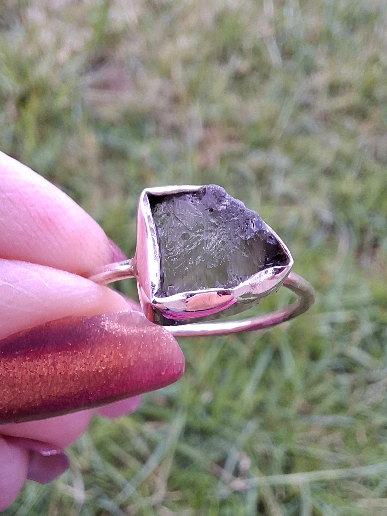 Moldavite Ring, size large T, 925 Silver, Tektite (Ref: R28)