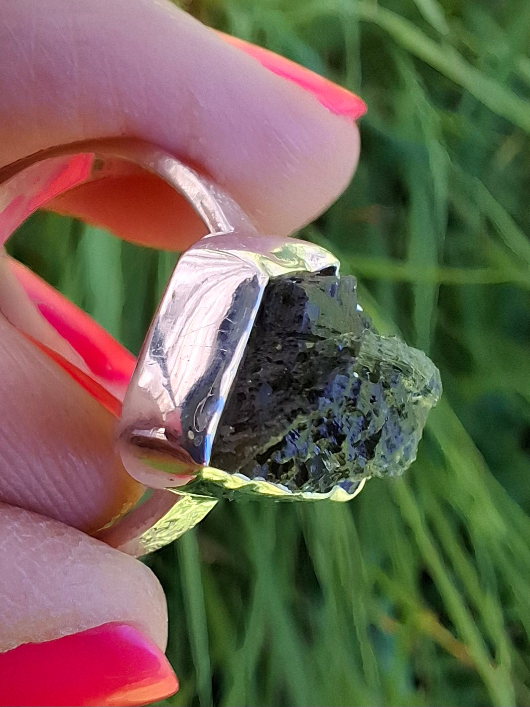 Moldavite Ring, size large R/small S, 925 Silver, Tektite (Ref: R319)