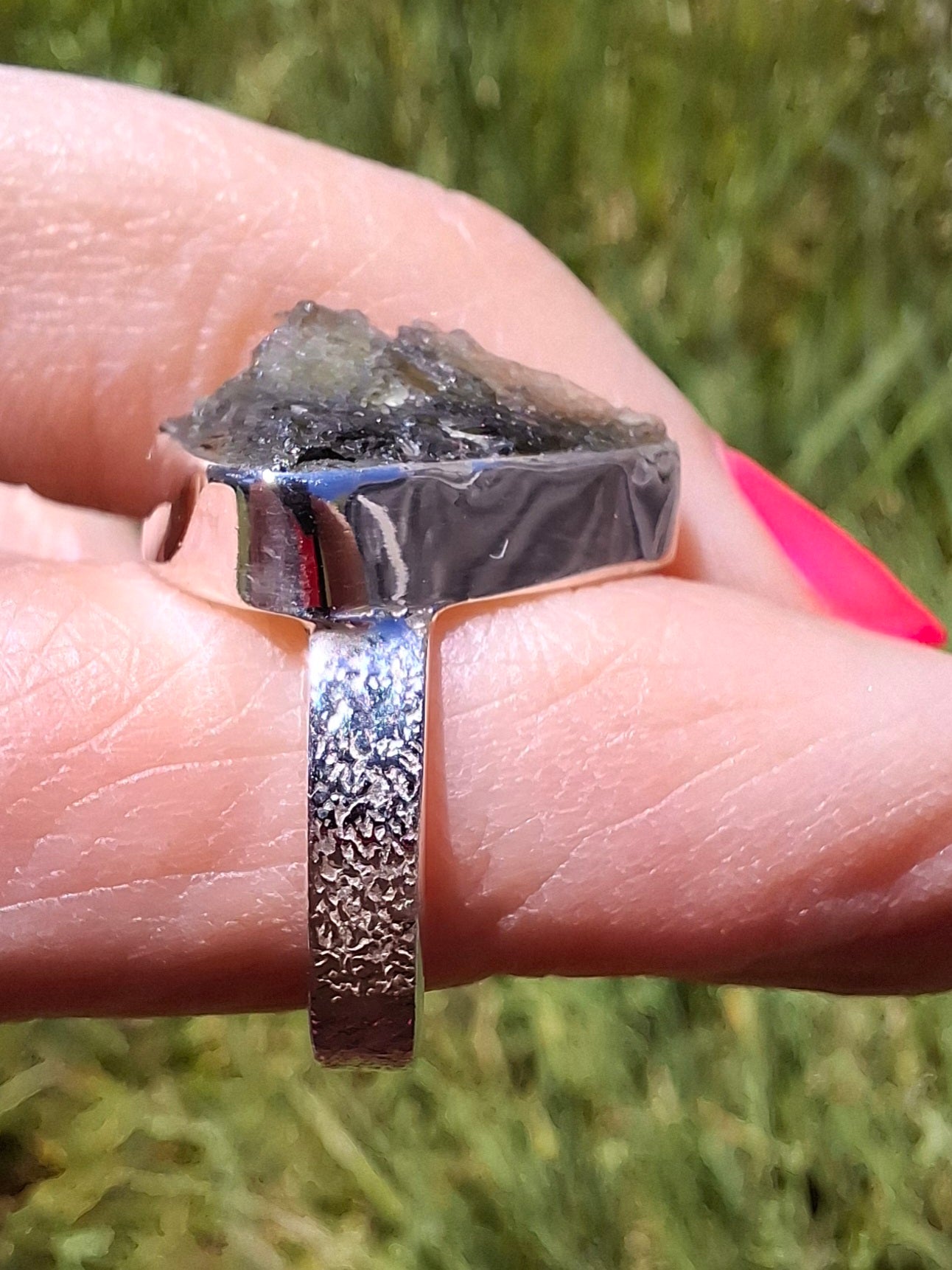 Moldavite Ring, size small K, 925 Silver, Tektite (Ref: R299)