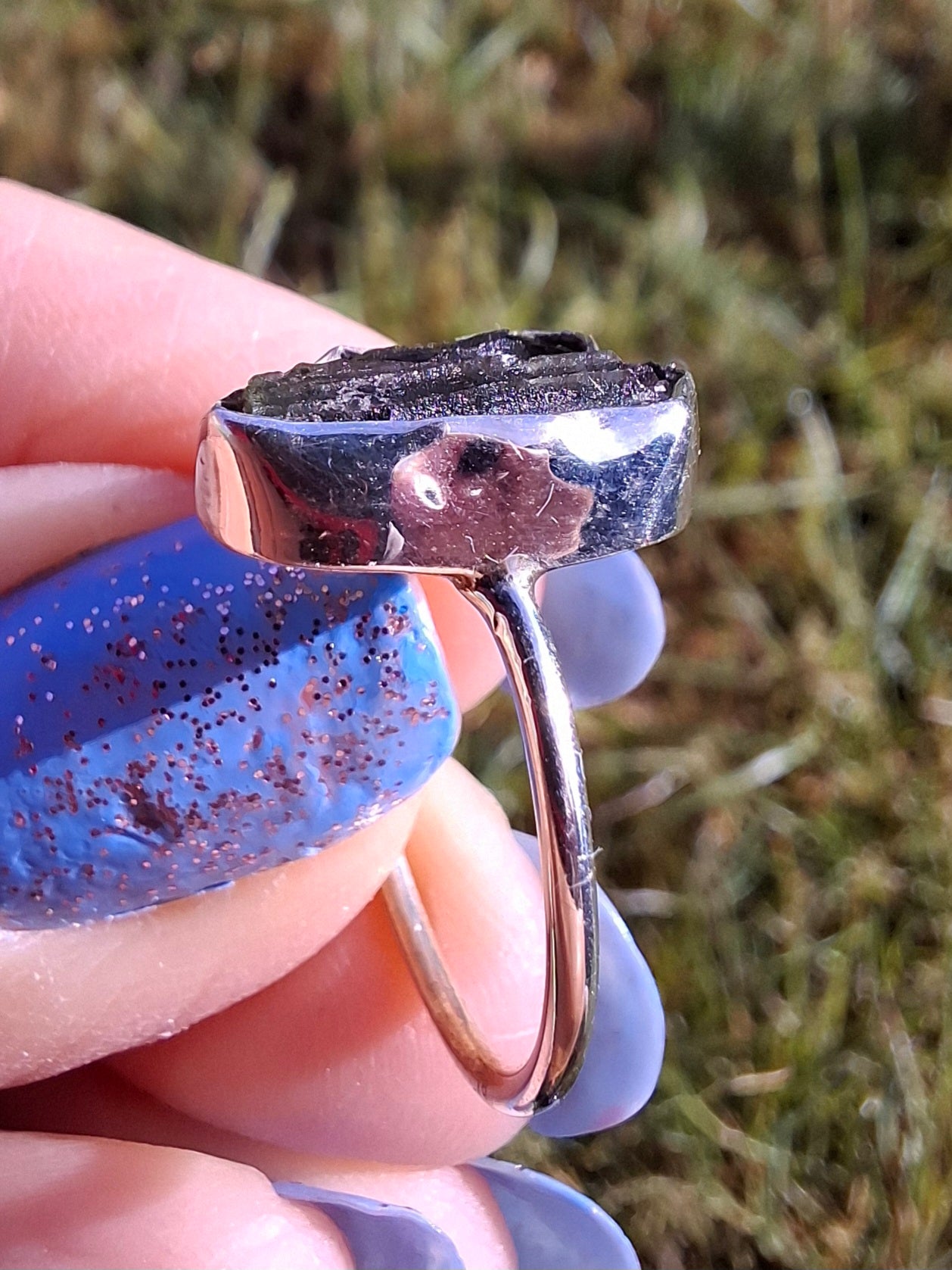 Moldavite Ring, size large N, 925 Silver, Tektite (Ref: R25)