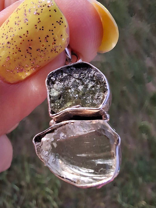 Moldavite & Libyan Desert Glass Pendant, 925 Silver, Tektite (Ref: MLP4)