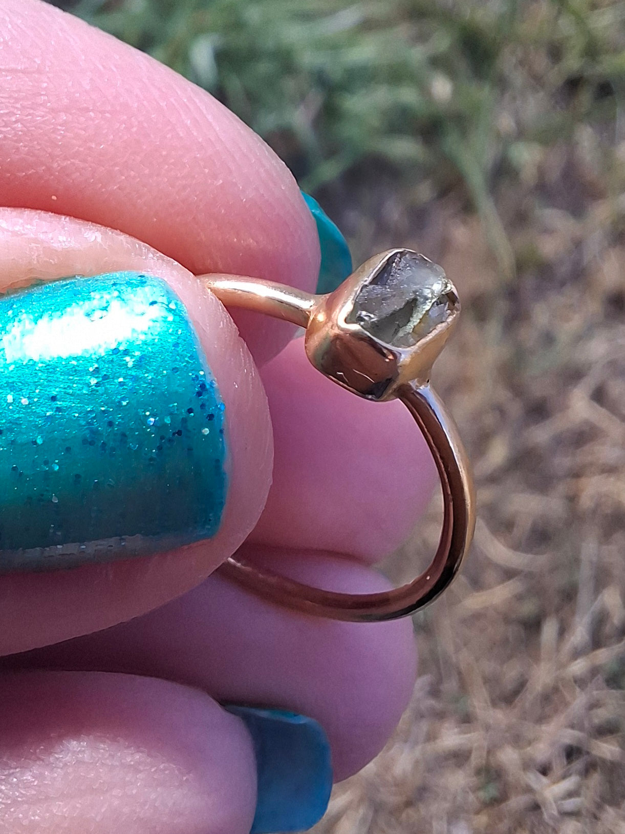 Moldavite Ring, 14K GOLD Plated, size large M, Tektite (Ref: R337)