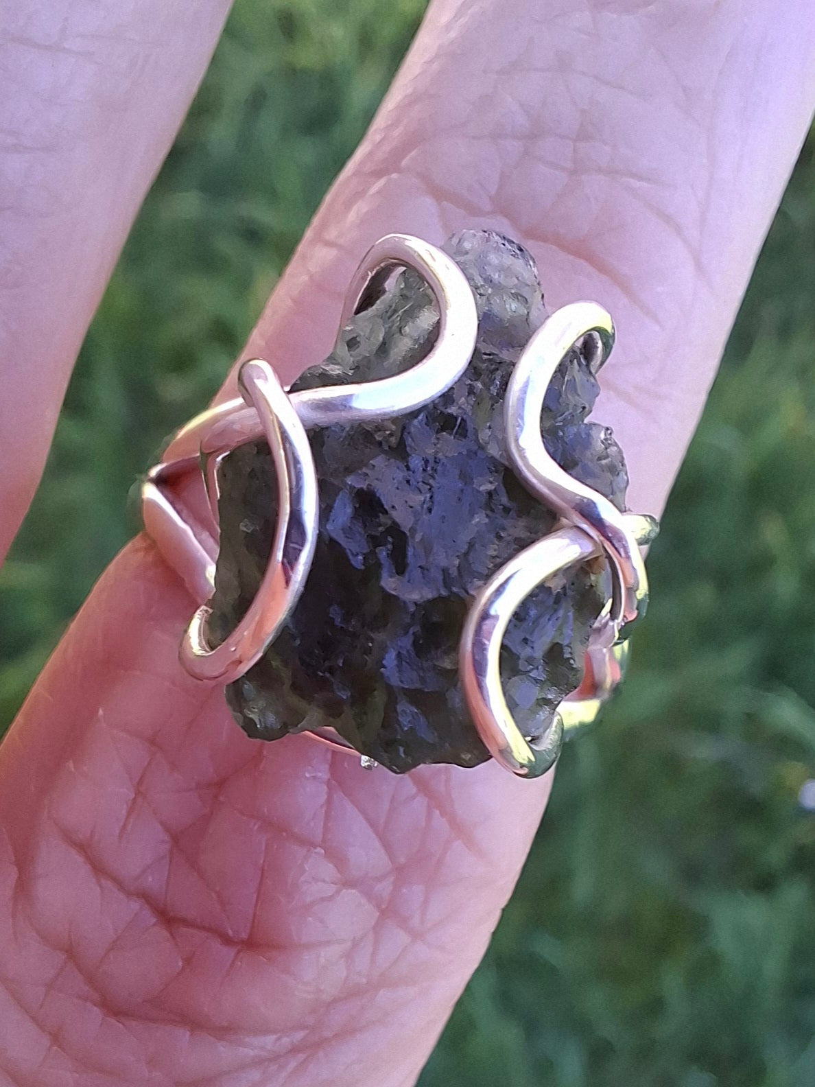 Moldavite Ring, size O, 925 Silver, Tektite (Ref: R7)